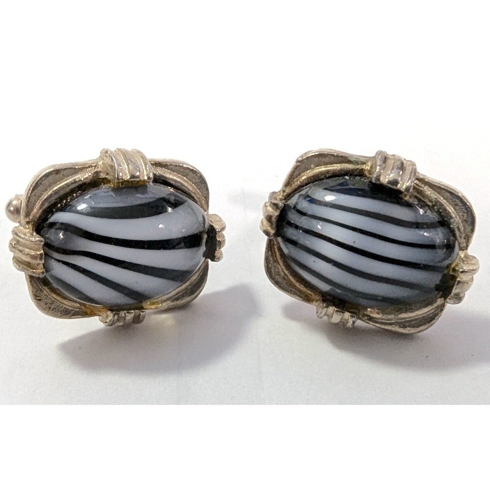 Vintageโ Cufflinks Mens Black White Zebra Oval Cabochon Gold Tone Glass Striped